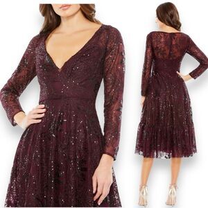 Mac Duggal‎ Dress 2 Wine Lace Embellished Long Sleeve Ruffle Hem A line Floral